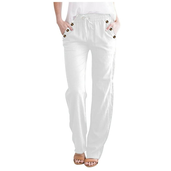 Stamzod Womens Pants Summer Solid Color Vintage Elastic Waist Full Length Pants Casual Loose Straight Leg Trousers Pants for Women with Pocket White C XL