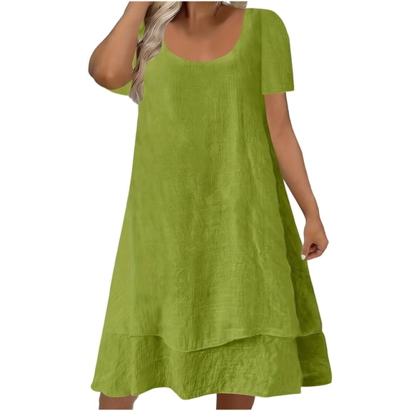 Stamzod Womens Plus Size Dresses Summer Solid Cotton Linen Vacation Dress Loose Layered Short Sleeve Casual Dresses for Women Green L