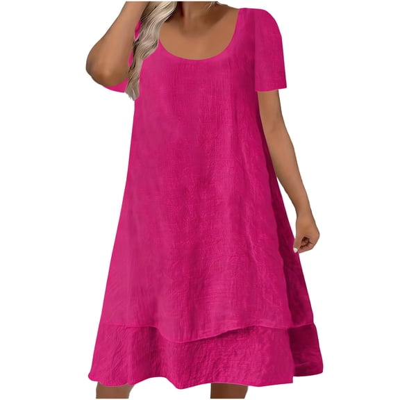 Stamzod Womens Plus Size Dresses Summer Solid Cotton Linen Vacation Dress Loose Layered Short Sleeve Casual Dresses for Women Hot Pink XXXXL