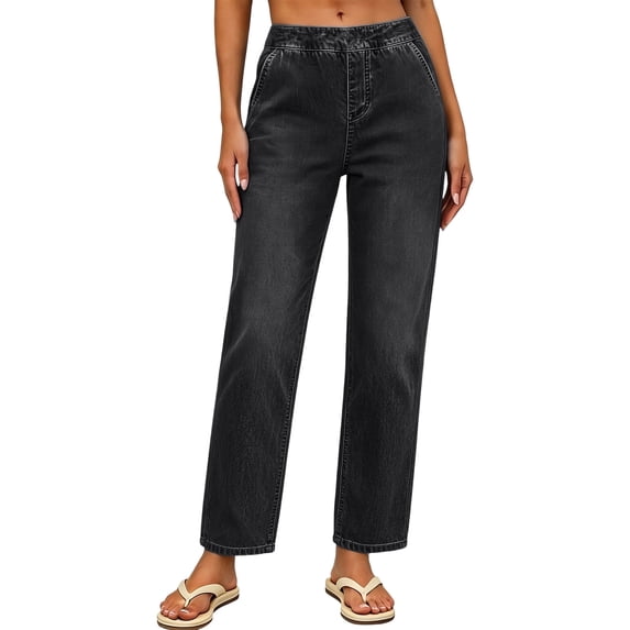 Stamzod Womens Plus Size Pants Casual Elastic Waist Straight Leg Jeans Summer Vacation Beach Trousers with Pockets Black XL