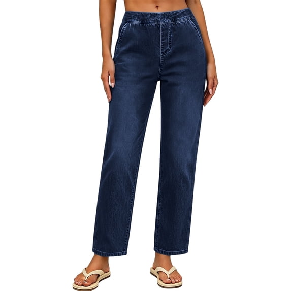 Stamzod Womens Plus Size Pants Casual Elastic Waist Straight Leg Jeans Summer Vacation Beach Trousers with Pockets Dark Blue XXXL