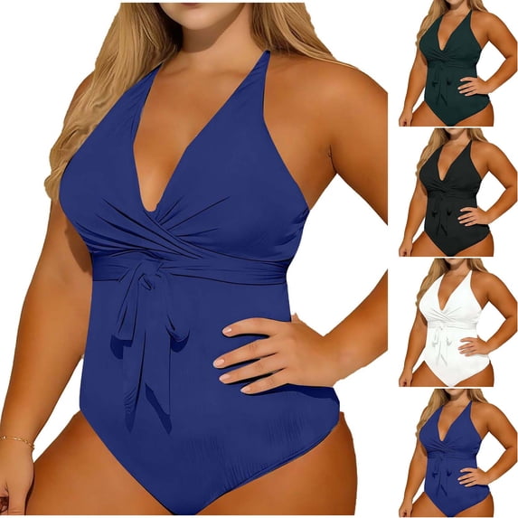 Stamzod Womens Plus Size Swimsuit Tummy Control One Piece Bathing Suit Criss Cross Halter Swimwear Blue XXXXXL
