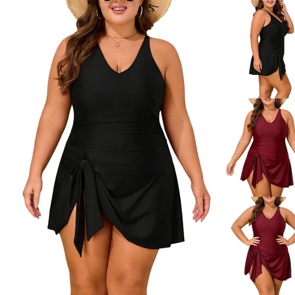 Stamzod Womens Plus Size Tankini Swimsuit Two Piece Tummy Control Bathing Suits Swim Dress Swimwear with Bottom Black-1 XXL