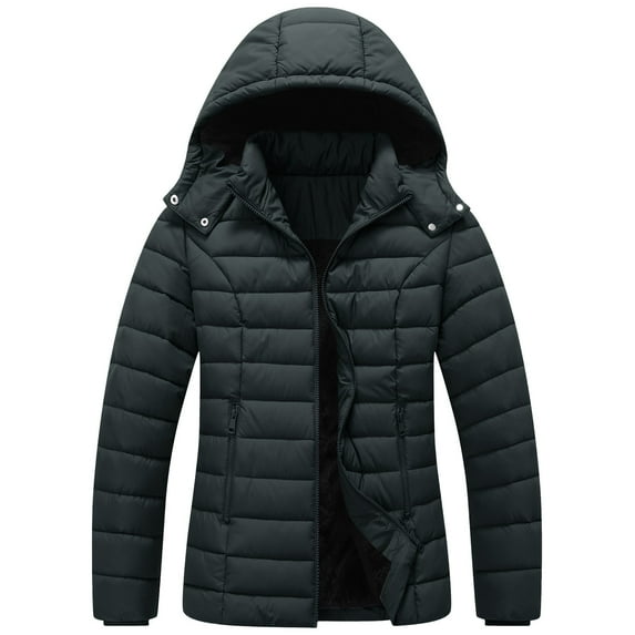 Stamzod Womens Puffer Jacket Solid Color Long Sleeve Full Zip Quilted Jackets with Hood Casual Warm Winter Coats for Women Black M