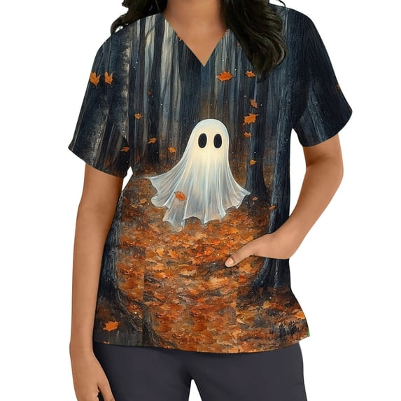 Stamzod Womens Scrub Tops with Pockets Halloween Print Casual V Neck Scrubs Plus Size Short Sleeve Scrub Top