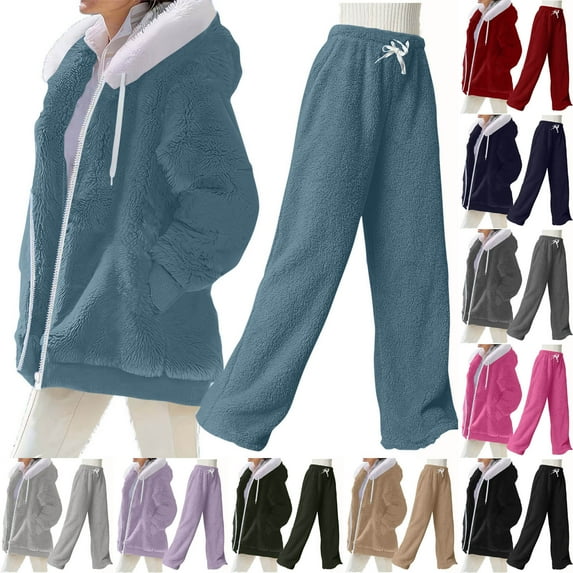 Stamzod Womens Sets 2 Piece Outfits Solid Color Long Sleeve Thicked Warm Fleece Hooded Jacket and Sweatpants with Pocket Winter Clothing for Women Khaki XXL