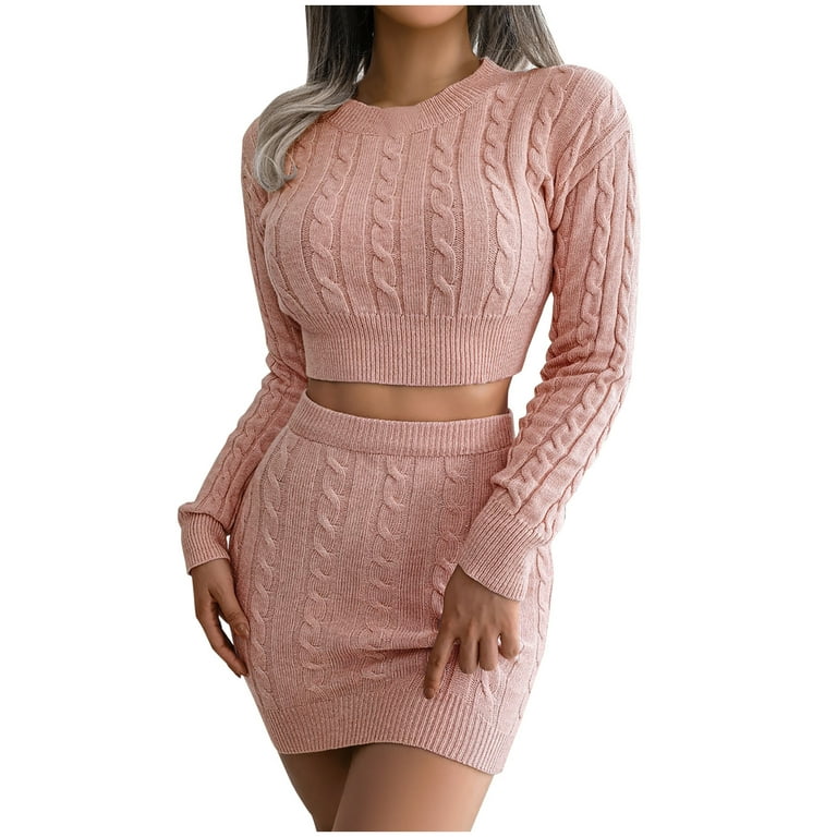 Stamzod Womens Sexy 2 Piece Outfits Long Sleeve Crop Sweater Top Bodycon  Mini Skirt Set Solid Suits Party Club Dress Pink S