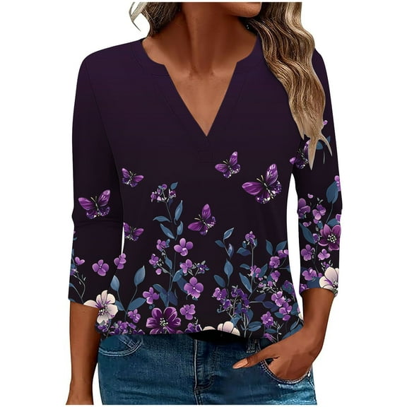 Stamzod Womens Shirts Fashion Floral Printed V Neck 3/4 Sleeve Blouses Loungewear Casual Loose Plus Size Spring Clothes for Women Purple XXXL