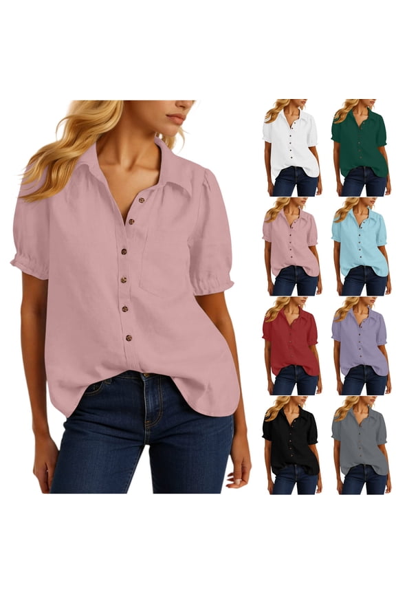 Womens Short Sleeve Button Down Shirt Casual Collared Shirts Blouses Cotton Linen Ruffle Summer Tops Wine XXL