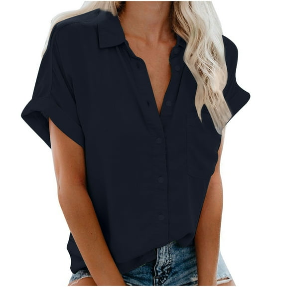 Stamzod Womens Short Sleeve Shirts Solid Color Oversize Women Shirts Dressy Casual Lapel Button Up Shirt Tops with Pockets