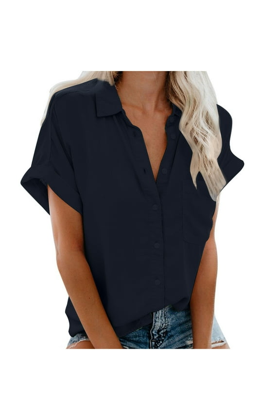 Womens Short Sleeve Shirts Solid Color Oversize Women Shirts Dressy Casual Lapel Button Up Shirt Tops with Pockets