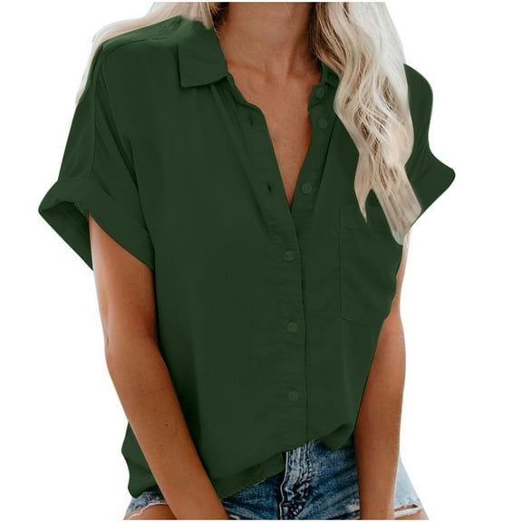 Stamzod Womens Short Sleeve Shirts Solid Color Oversize Women Shirts Dressy Casual Lapel Button Up Shirt Tops with Pockets