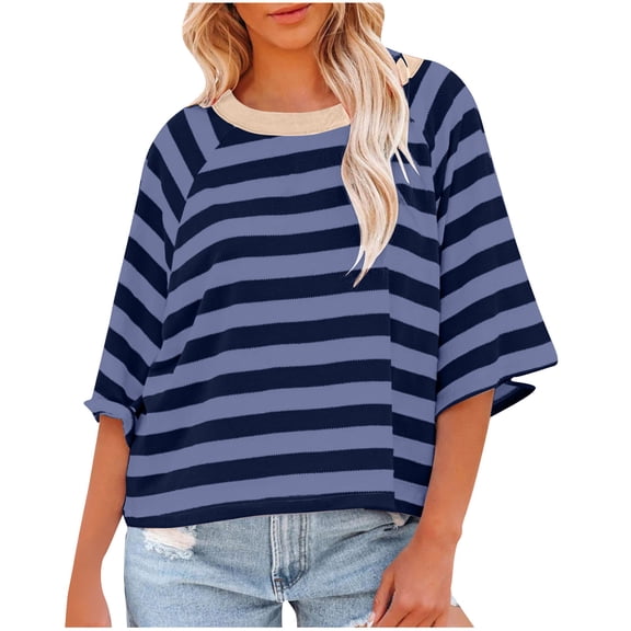 Stamzod Womens Spring Tops Fashion Strip Printing Crewneck Basic Tee Blouses Casual Loose 3/4 Sleeve T Shirts for Women Navy-3 S