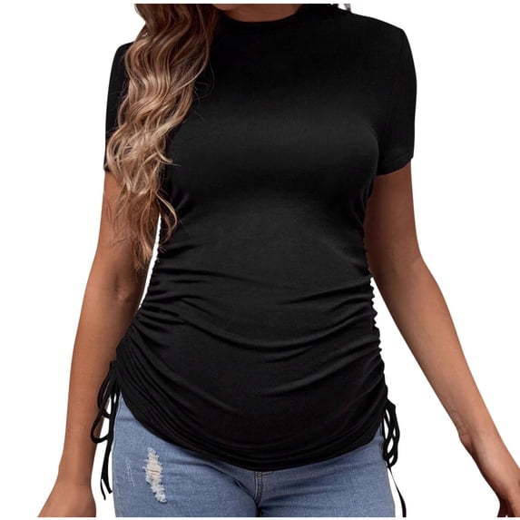 Stamzod Womens Summer Maternity Tops Short Sleeve Ruched Pregnancy Shirt with Drawstring Round Neck Elegant Pregnancy Clothes for Women Black R M