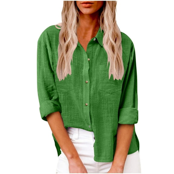 Stamzod Womens Summer Tops Fashion Solid Color Cotton and Linen Button Up Shirt Women Casual Loose Plus Size Long Sleeve Lightweight Tops & Blouses Green D XXXL