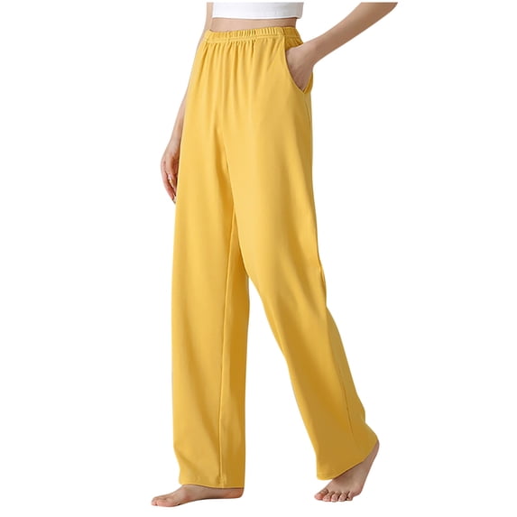 Stamzod Womens Sweatpants with Pockets Solid Color Elastic Waist Straight Workout Pants Casual Loose Cotton Plus Size Spring Clothes for Women Yellow XL