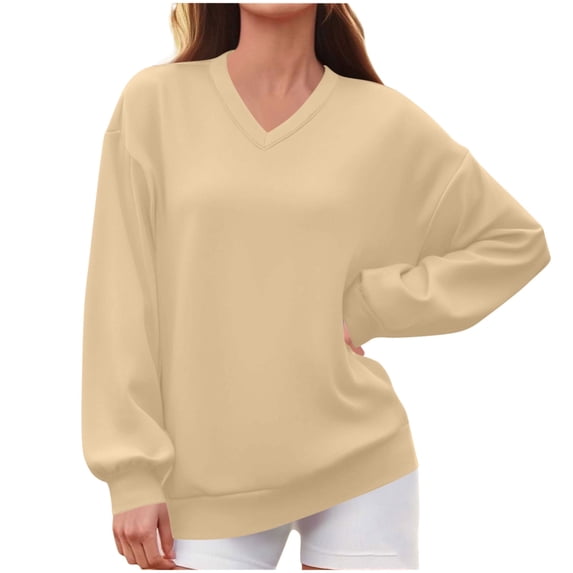 Stamzod Womens Sweatshirt Fall Fashion V-Neck Pullover Long Sleeve Top Casual Drop Shoulder Sweatshirts for Women Khaki D L