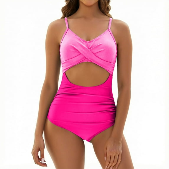 Stamzod Womens Swimsuits 2026 Trendy Fashion Patchwork High Cut Bikini Swimsuit Hollow Out One Piece Bathing Suits for Women Hot Pink L