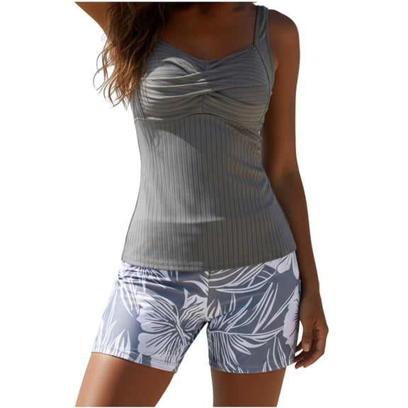 Stamzod Womens Swimsuits Two Piece Solid Color Ruched Tankini Top with Boy Shorts Summer Modest Bathing Suit for Women Gray M