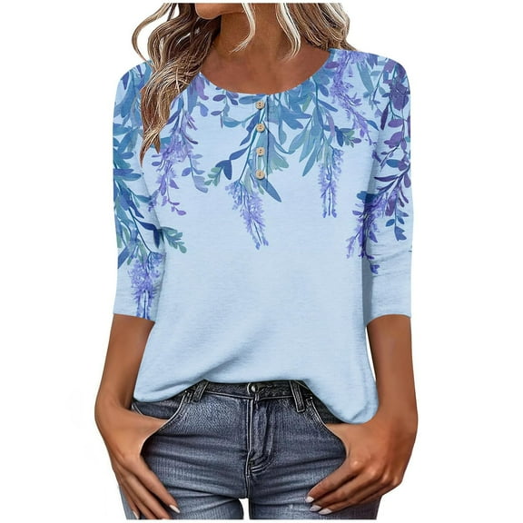 Stamzod Womens T Shirts Fashion Floral Printed Crewneck Elegant Blouses Daily Casual Spring Tops for Women 2025 Sky Blue XL
