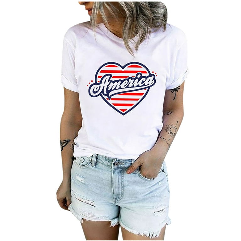 Stamzod Womens T Shirts Tops Independence Day Printing Gifts For T-Shirt  Summer Funny Letter Print Short Sleeve Blouse Clearance 