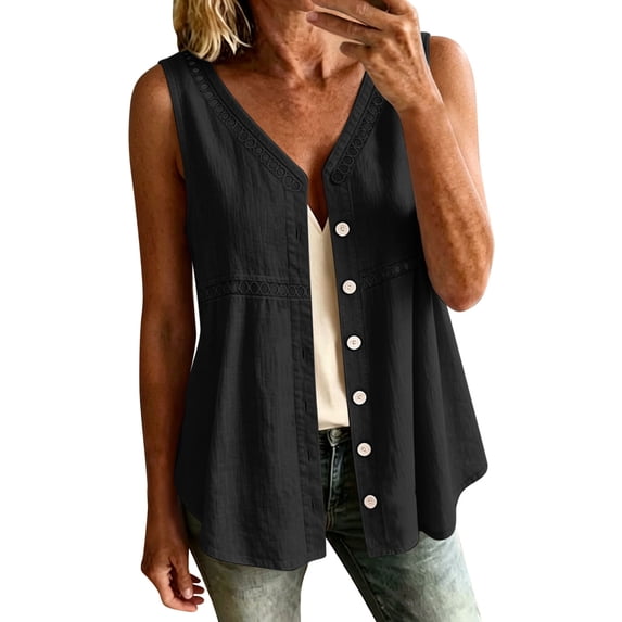 Stamzod Womens Tank Tops Summer V Neck Cotton Linen Button Down Shirts Casual Embroidered Sleeveless Shacket Black C S