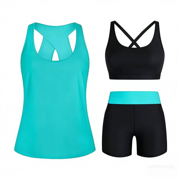 Stamzod Womens Tankini Bathing Suits 3 Piece Tummy Control Swimsuits Tank Top + Bra + Boy Shorts Sporty Modest Swimwear Blue L