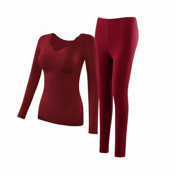 Stamzod Womens Thermal Underwear 2 Piece Lace Patchwork Long Sleeve Tops with Built In Bra Long Johns Winter Layering Thermals for Women Red K XXL