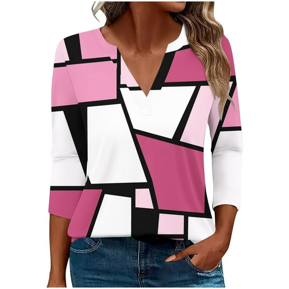 Stamzod Womens Tops 3/4 Length Sleeves Fashion Patchwork Printed Spring V Neck Blouses Casual Loose Plus Size Spring Clothes for Women Pink XXXL