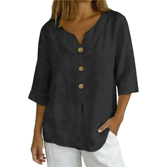 Stamzod Womens Tops 3/4 Sleeve Button Down Shirts Travel Vacation Outfits Spring Summer Clothes Black L