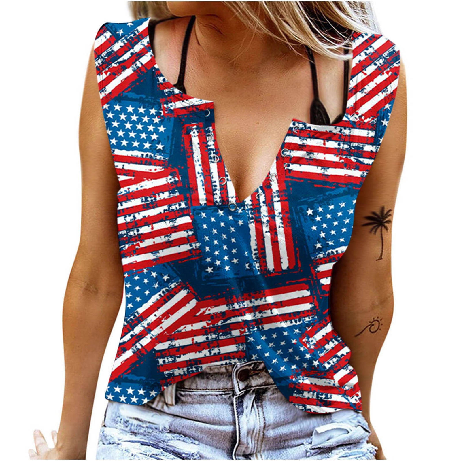 Stamzod Womens Tops 4th of July Casual Fashion Round-Neck Sleeveless Vest  Strapless American Flag Printed Tops Clearance