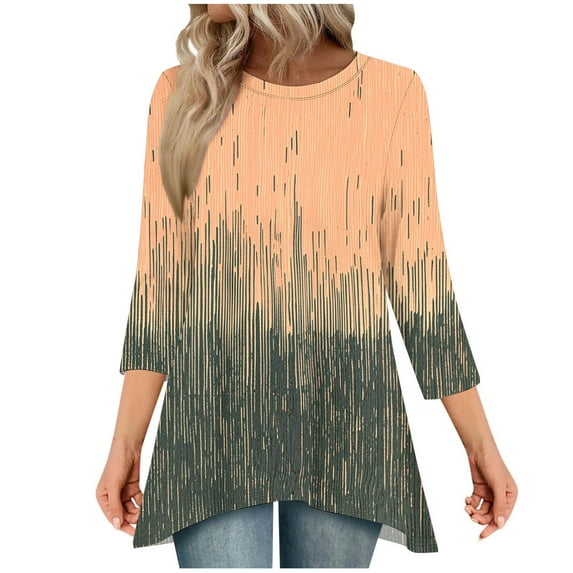 Stamzod Womens Tops Casual Loose 3/4 Sleeve Tops Fashion Gradient Printed Crewneck Blouses for Women Khaki D XL