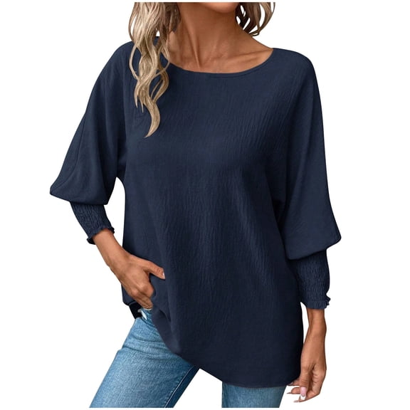 Stamzod Womens Tops Casual Loose Fit 3/4 Length Sleeve Blouses Summer Solid Color Crewneck Shirts for Women Navy M