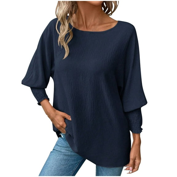 Stamzod Womens Tops Casual Loose Fit 3/4 Length Sleeve Blouses Summer Solid Color Crewneck Shirts for Women Navy S