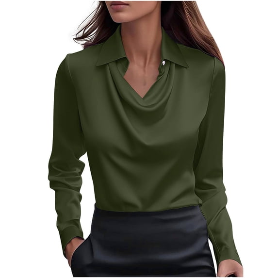 Stamzod Satin Shirts for Women 2026 Officewear Summer Cowl Neck Long Sleeve Work Tops Spring Dressy Casual Silk Blouse for Women Army Green C M