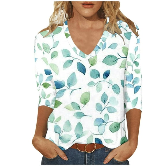 Stamzod Womens Tops Dressy Casual Loose Plus Size Floral Top Summer V Neck 3/4 Sleeve Tunic Tops for Women Loose Fit Dressy Blue C M