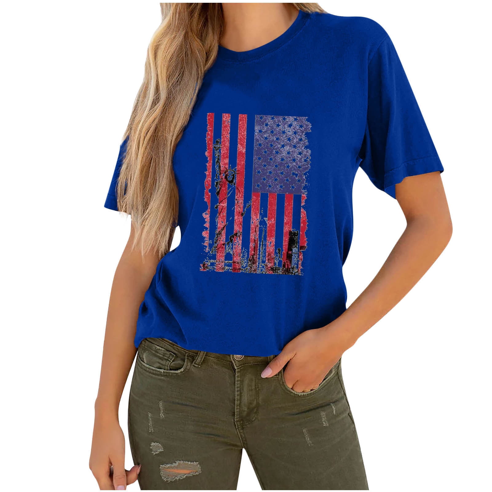 Stamzod Womens Tops Fashion Casual Printing Independence Day Pullover Short  Sleeve T-Shirt Tops Blouse Clearance 