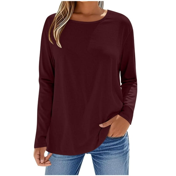 Stamzod Womens Tops Fashion Solid Color Round Neck Pullover Top Casual Loose Long Sleeve Tshirts Shirts for Women Wine L