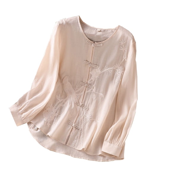 Stamzod Womens Tops Fashion Solid Color Summer Crewneck Embroidered Blouses with Disk Buckle Casual Loose Long Sleeve Button Down Shirts for Women Beige-1 M