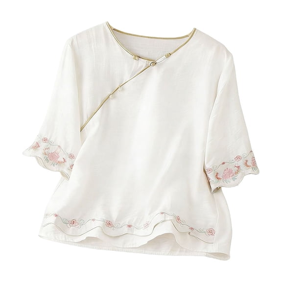 Stamzod Womens Tops Fashion Vintage Embroidered Mid Sleeve Summer Blouses Casual Crew Neck Plus Size Shirts 2026 Womens Clothes White B XXXL