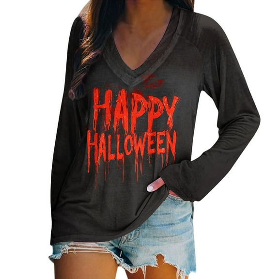 Stamzod Womens Tops Halloween V-Neck Long Sleeve Graphic Tee Tops Casual Pullover Tshirts Shirts for Women Black C L