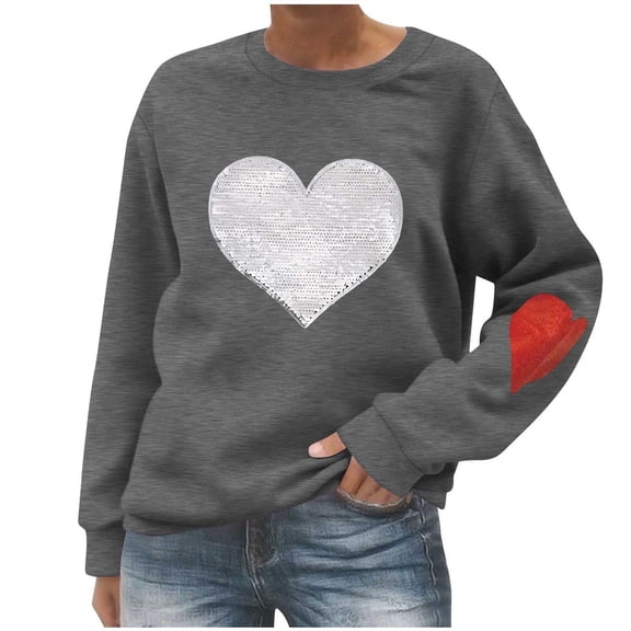 Stamzod Womens Tops Long Sleeve Valentines Crew Neck Sweatshirts Women 2025 Fall Fashion Lover Heart Sweatshirt Dark Gray XL
