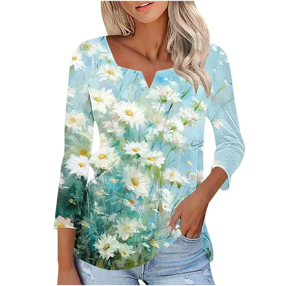 Stamzod Womens Tops Spring Floral V Neck 3/4 Sleeve Tops Business Casual Work Blouses for Women Green C XXL