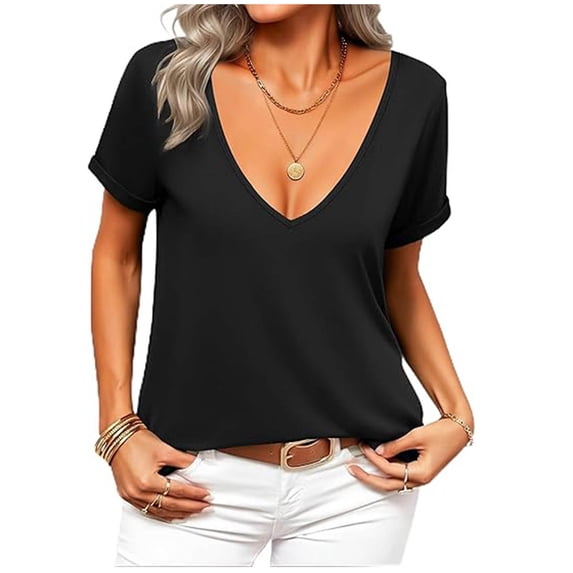 Stamzod Womens Tops Summer Short Sleeve V Neck Basic Tee Shirts Dressy Casual Blouses Business Trendy 2026 Black L