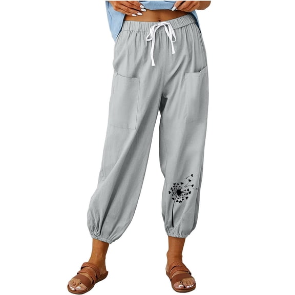 Stamzod Womens Trouser Pants Summer Printed Elastic Waist Drawstring Long Pants Casual Loose Cotton and Linen Trousers Pants for Women with Pocket Gray E L
