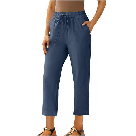 Stamzod Womens Trousers with Pocket Spring Solid Color Elastic Waist Straight Sweatpants Casual Loose Cotton and Linen Joggers for Women Dark Blue XXL