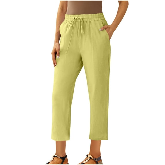Stamzod Womens Trousers with Pocket Spring Solid Color Elastic Waist Straight Sweatpants Casual Loose Cotton and Linen Joggers for Women Yellow L