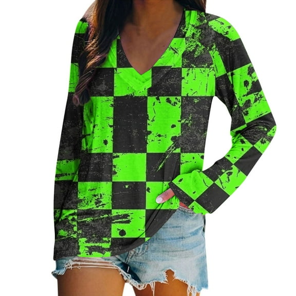 Stamzod Womens Tunic Tops Halloween V-Neck Long Sleeve Graphic Tees Casual Pullover Spring Tops for Women Green B L