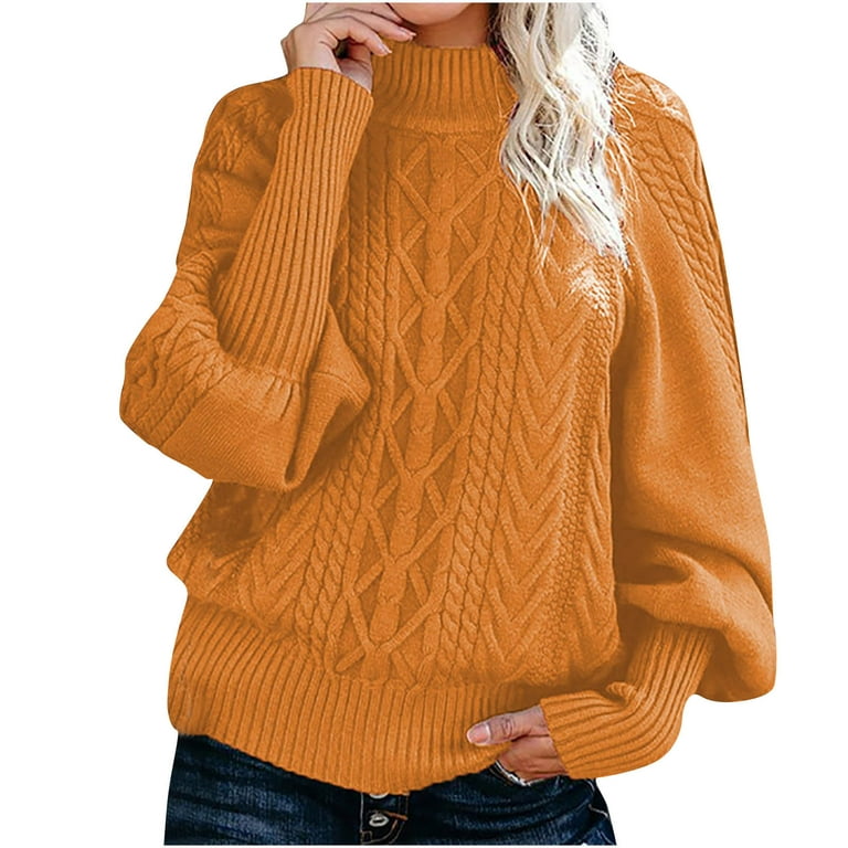 Stamzod Womens Turtleneck Oversized Sweaters Plus Size Batwing Long Sleeve  Chunky Cable Knit Pullover Jumper Tops Yellow XL 