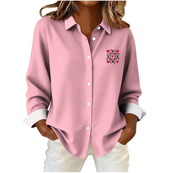 Stamzod Womens Valentines Shirts 2026 Fashion Lover Heart Print Red Button Down Shirt Women Casual Long Sleeve Work Tops Pink S